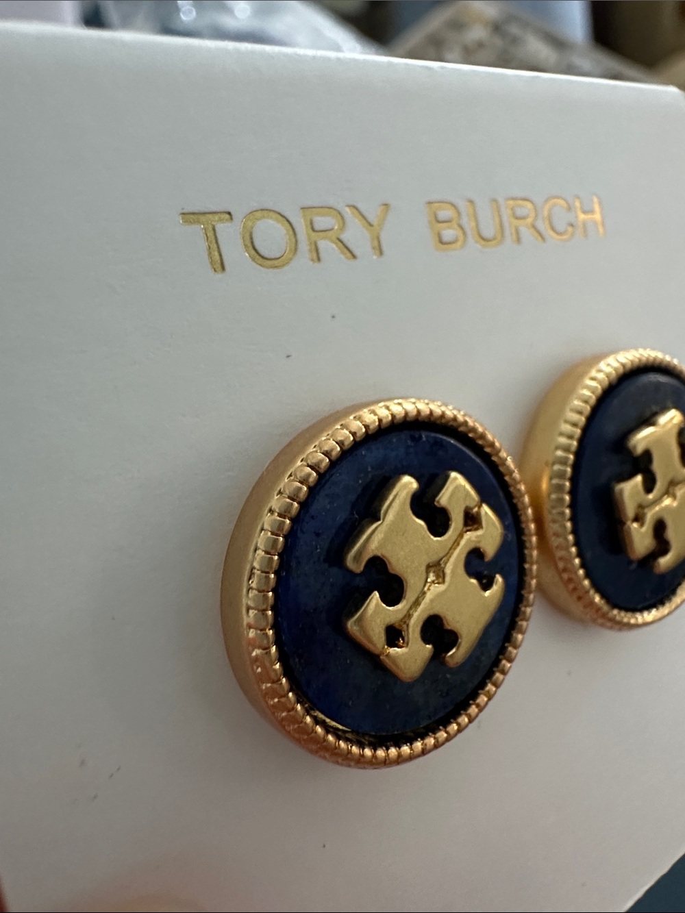 Tory Burch Gold-Tone Navy Blue Natural Stone and Gold Logo Stud Earrings